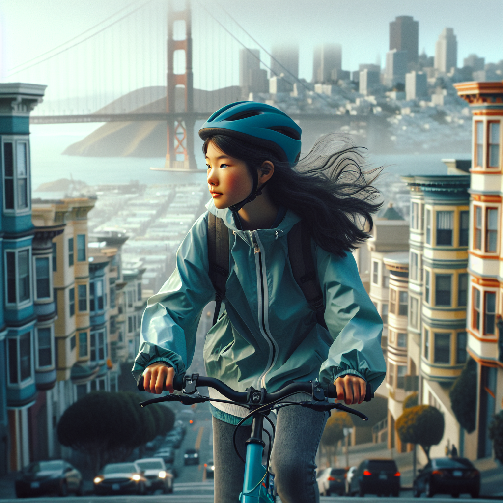 an asian girld bicylcing through the streets of san francisco an asian girld bicylcing through the streets of san francisco