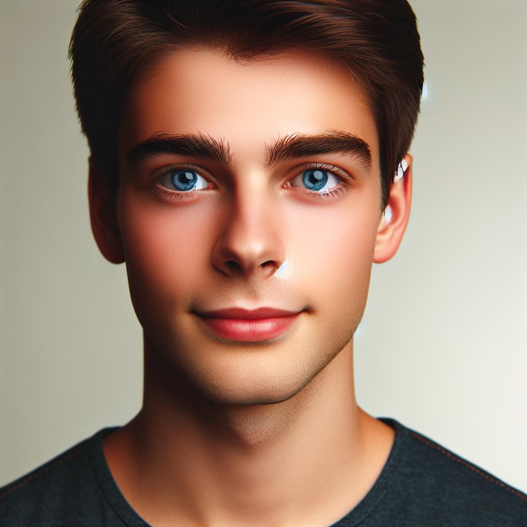 A guy with short brown hair and blue eyes