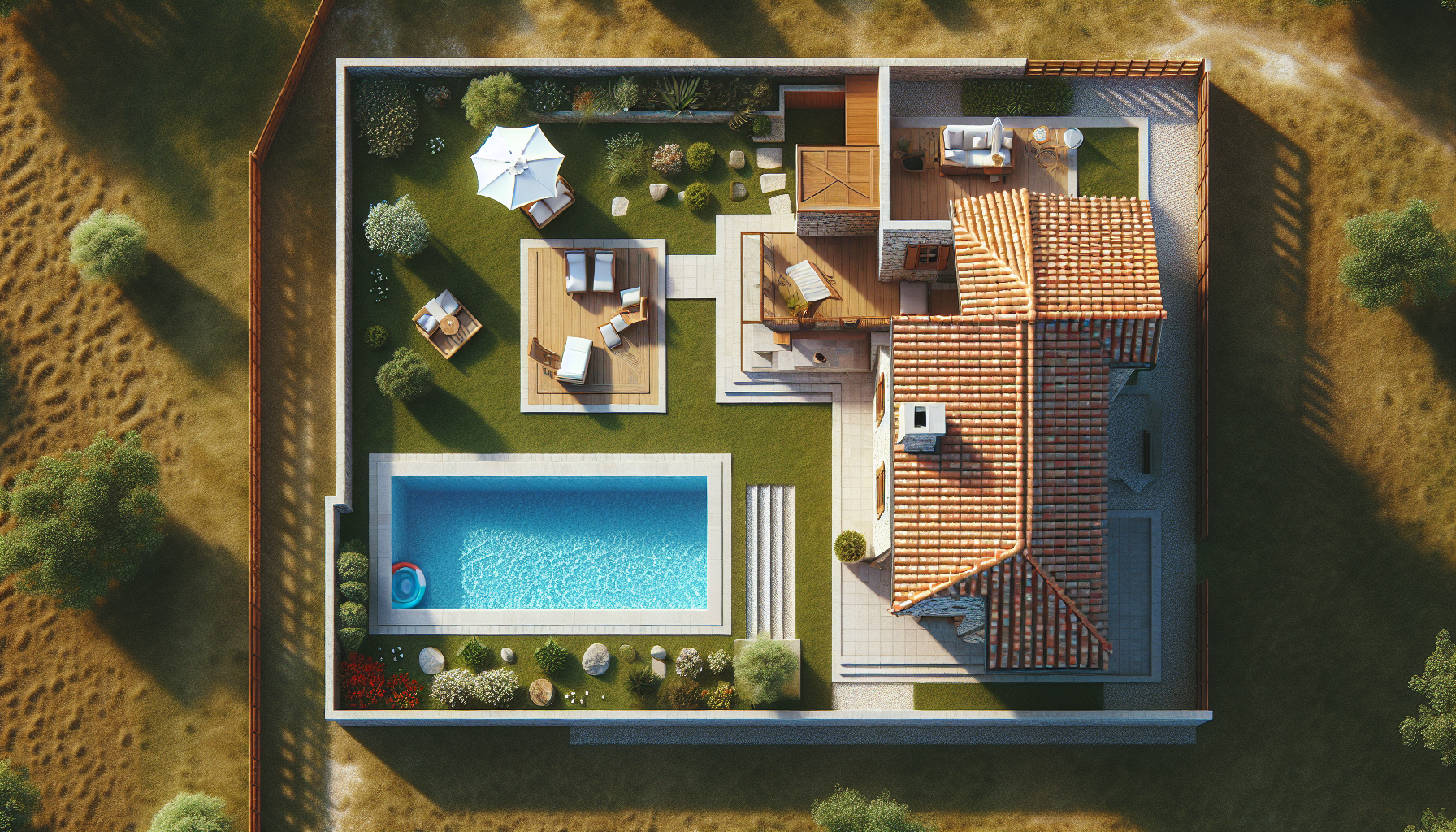 La vue en plan d'une petite maison à la campagne avec pisine et jardin.
la maison est en pierre avec un toit en tuiles, elle dispose de 4 chambres et un séjour cuisine, et une terrasse avec cuisine d'été