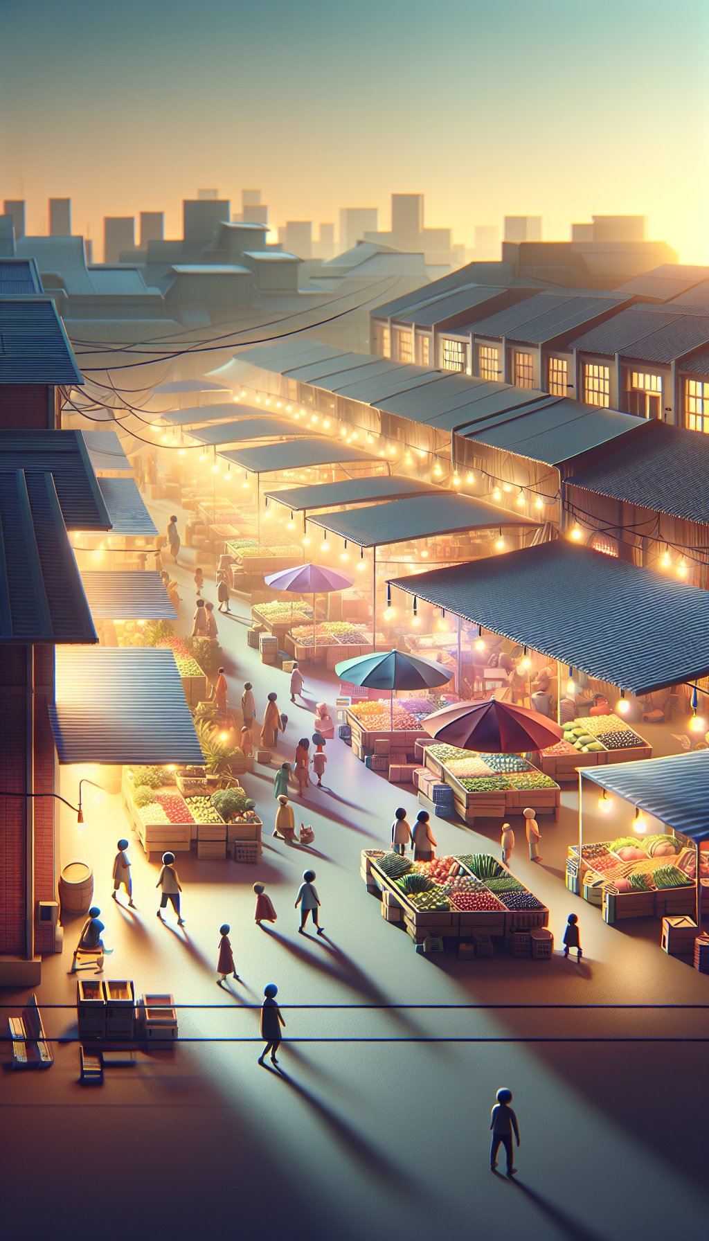 A vibrant market scene, in the late hours of a day A vibrant market scene, in the late hours of a day